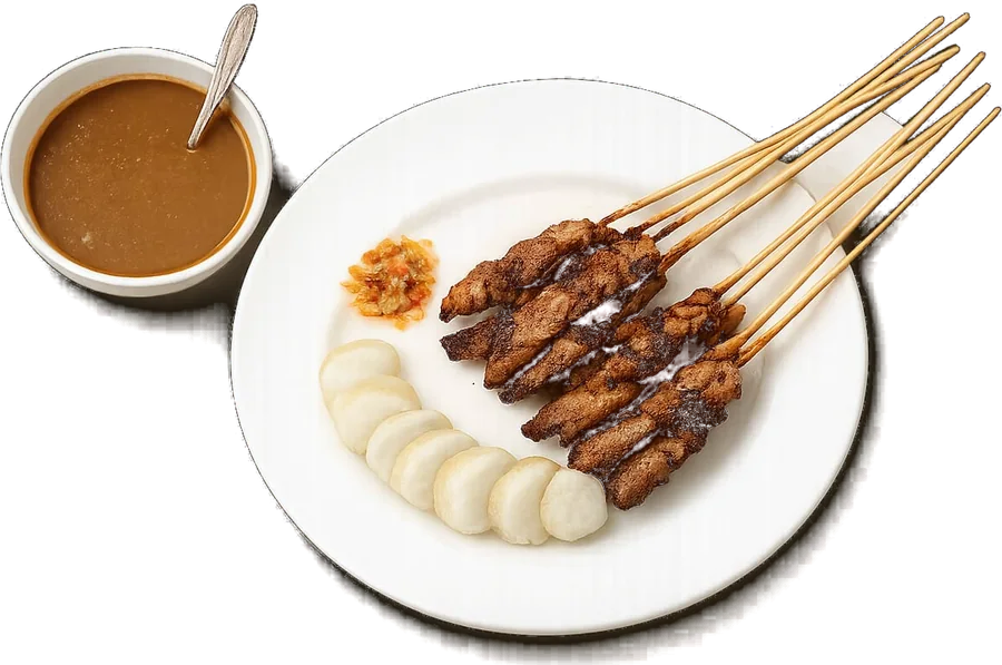 Sate ayam bakar dengan bumbu kacang, lontong, dan sambal