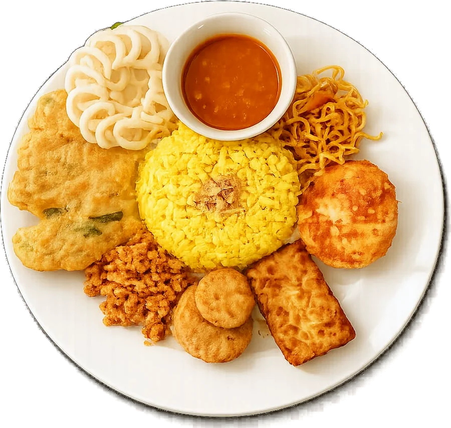 Nasi kuning komplit dengan ayam goreng, tempe, perkedel, dan sambal
