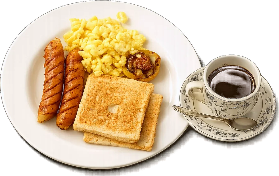 English breakfast: telur orak-arik, sosis ayam, roti panggang, dan kopi